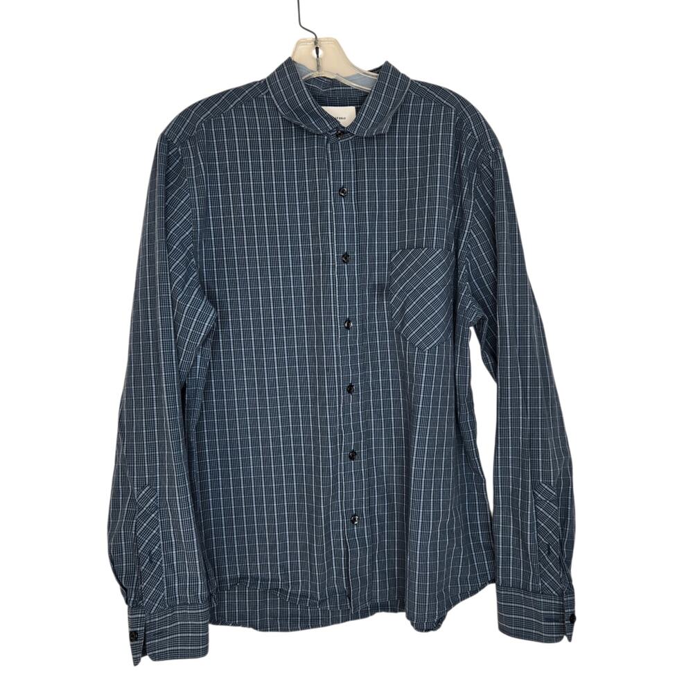 Billy Reid Standard Button Front Shirt Blue Plaid Cotton Office Men Large